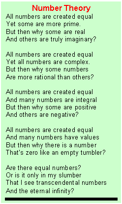 Text Box: Number Theory  All numbers are created equal  Yet some are more prime.  But then why some are real  And others are truly imaginary?    All numbers are created equal  Yet all numbers are complex.  But then why some numbers   Are more rational than others?    All numbers are created equal  And many numbers are integral  But then why some are positive  And others are negative?    All numbers are created equal  And many numbers have values  But then why there is a number  That&rsquo;s zero like an empty tumbler?    Are there equal numbers?  Or is it only in my slumber  That I see transcendental numbers  And the eternal infinity?  